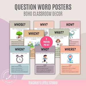 Question Word Poster Set | WH Question Visual Aids | ESL Grammar Posters | English Resources | Homeschool Wall Art | Boho Classroom Decor