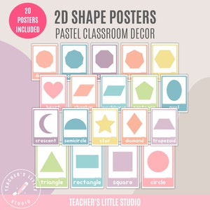 Zestaw plakatów 2D Shapes | Pastel Classroom Decor | Wydrukowane plakaty z kształtami | Pastelowe kolory | Materiały do wydrukowania z matematyki | Zasoby do nauki matematyki w domu