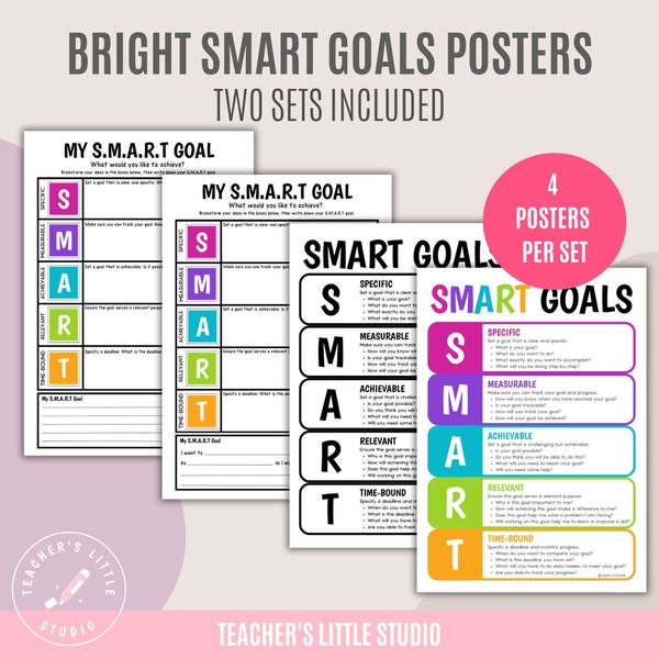 SMART Goals Posters | S.M.A.R.T Goal Setting | SMART Goal Worksheet | Bright Class Posters | Goal Tracker Resources | Mental Health Posters