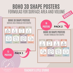 May include: A set of 16 printable posters featuring boho-style illustrations of 3D shapes with formulas for surface area and volume. The posters are divided into two packs: Pack 1 includes 13 posters with surface area formulas, and Pack 2 includes 8 posters with volume formulas.