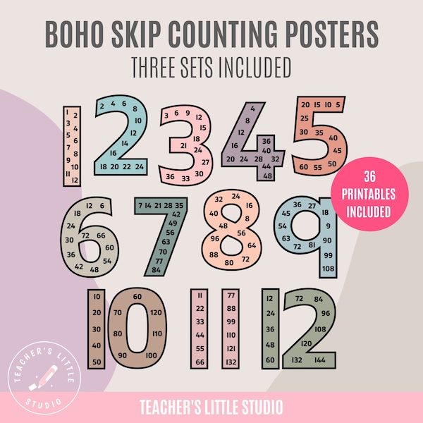 Boho Skip Counting Posters | Large Number Display | Educational Math Posters | Boho Classroom Decor | Printable Math Display | Boho Teacher