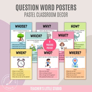 Question Word Poster Set | WH Question Visual Aids | ESL Grammar Posters | English Resources | Homeschool Wall Art | Pastel Classroom Decor