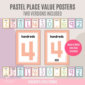 Könnte beinhalten: Pastellfarbene Stellenwert-Poster mit zwei Versionen. Die Poster zeigen die Zahlen 7, 5, 8, 1, 4, 3, 0, 6, 9 und 2 in verschiedenen Farben. Die Poster enthalten auch die Wörter "Millionen", "Hunderttausender", "Zehntausender", "Tausender", "Hunderter", "Zehner", "Einer", "Dezimal", "Zehntel", "Hundertstel" und "Tausendstel".