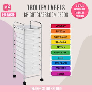 Boho Regenbogen Lehrer Trolley Etiketten | 10 Schubladen Rollwagen Etiketten | Bearbeitbare Klassenzimmer-Etiketten | Helles Klassenzimmer Dekor | Büroorganizer