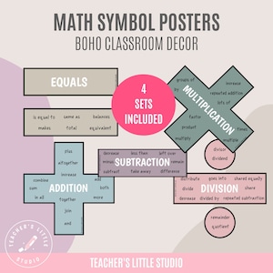 Boho Math Symbole | Matheoperationen Poster | Bildende Wandkunst | Zahlen-Wanddisplay | Addieren Subtraktion Multiplikation Division