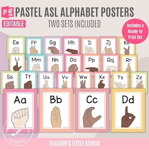 Carteles del alfabeto ASL / Alfabeto imprimible en el aula / Carteles ASL editables / Lenguaje de señas americano / Decoración del aula en colores pastel / PowerPoint