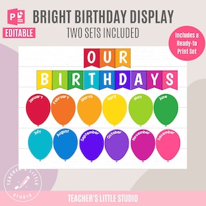 Pantalla de cumpleaños de globo brillante / Tablón de anuncios de cumpleaños en el aula / Tablero de cumpleaños de globo imprimible / Pantalla de clase de cumpleaños editable