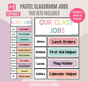 Affichage des emplois en classe pastel | Cartes de travail PowerPoint modifiables prêtes à imprimer | Modèles de cartes de visite | Affichage des emplois de classe | Gestion de classe