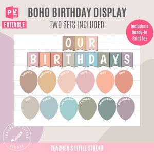 Boho Ballon Geburtstag Display | Klassenzimmer Geburtstag Pinnwand | Druckbare Ballon-Geburtstags-Tafel | Bearbeitbare Geburtstagsklasse-Anzeige