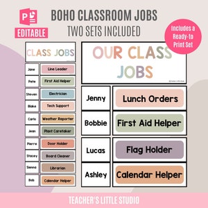 Affichage des emplois en classe Boho | Cartes de travail PowerPoint modifiables prêtes à imprimer | Modèles de cartes de visite | Gestion de classe | Affichage des tâches de classe
