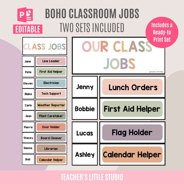 Boho Classroom Jobs Display | Editable PowerPoint Job Cards  Ready-to-Print | Name Card Templates | Class Management | Class Jobs Display