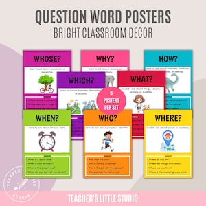 Question Word Poster Set | WH Question Visual Aids | ESL Grammar Posters | English Resources | Homeschool Wall Art | Bright Classroom Decor