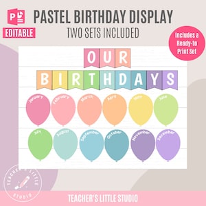 Pastel Balloon Birthday Display | Classroom Birthday Bulletin Board | Printable Balloon Birthday Board | Editable Birthday Class Display