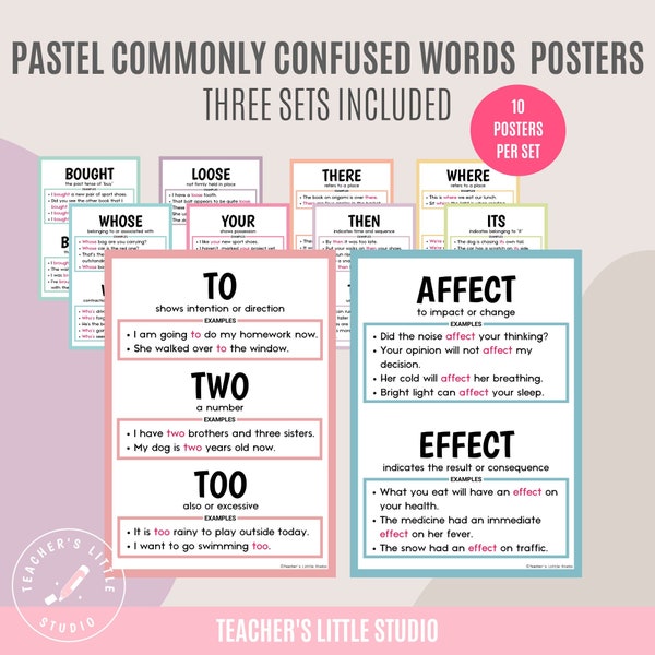 Commonly Confused Words Posters | English Grammar Posters | Pastel Classroom Homeschool Decor| ESL Educational Poster | Homophone Printables