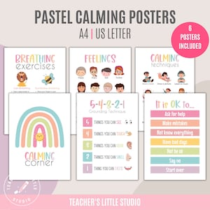 6 Beruhigende Poster | Lernt Printables | Beruhigendes Eckset | Pastell Klassenzimmer Dekor | Gefühle Chart | Atemtechniken für Kinder