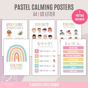 6 Calming Posters | Educational Printables | Calming Corner Set | Pastel Classroom Decor| Feelings Chart | Breathing Techniques For Kids