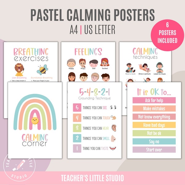 6 Calming Posters | Educational Printables | Calming Corner Set | Pastel Classroom Decor| Feelings Chart | Breathing Techniques For Kids