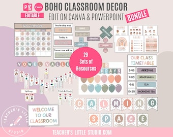 Boho Classroom Decor BUNDLE | Calming Classroom Decor | Printable and Editable Resources | PowerPoint and Canva | Instant Download