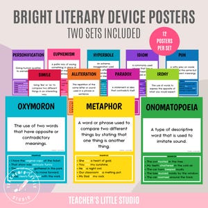 Poster di dispositivi letterari / Set di linguaggio figurativo / Poster in inglese / Stampe didattiche sulla figura retorica / Risorse di grammatica inglese