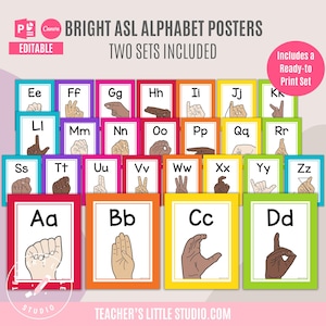 ASL Alphabet Posters | Printable Classroom Alphabet | Editable in Canva and PowerPoint| American Sign Language | Bright Classroom Decor