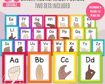 ASL Alphabet Posters | Printable Classroom Alphabet | Editable in Canva and PowerPoint| American Sign Language | Bright Classroom Decor