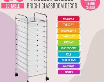 Boho Rainbow Teacher Trolley Labels | 10 Drawer Rolling Cart Labels | Editable in PowerPoint and Canva | Bright Class Decor | Organizer