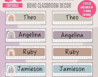 Boho Student Desk Labels | Boho Rainbow Labels | Editable in PowerPoint and Canva | Desk Name Tag | Boho Class Decor | Printable Desk Labels
