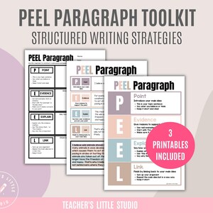 May include: Three printable worksheets for structured writing strategies. The worksheets are titled "PEEL Paragraph" and include sections for Point, Evidence, Explain, and Link. The worksheets are in shades of white, beige, and pink. The text "3 PRINTABLES INCLUDED" is on a pink circle.