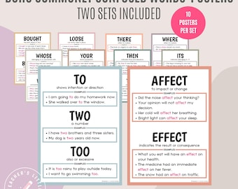 Commonly Confused Words Poster Set | English Grammar Posters | Boho Classroom Decor| ESL Educational Posters | Homophones Printables