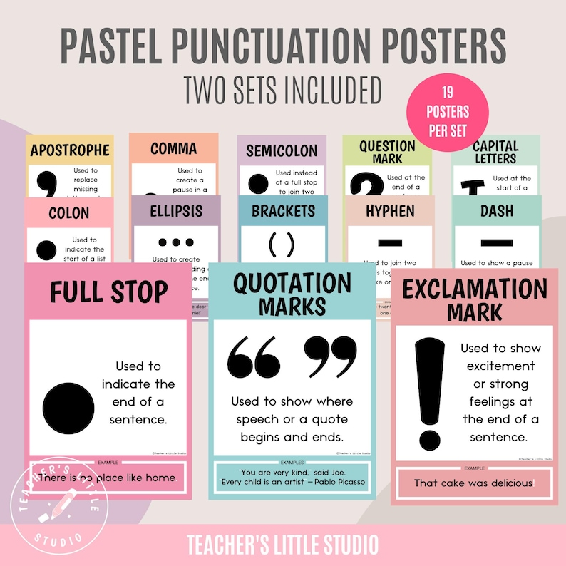 Puede incluir: Un conjunto de 19 carteles de puntuaci&oacute;n de color pastel para ense&ntilde;ar gram&aacute;tica. Cada cartel presenta un signo de puntuaci&oacute;n diferente con una descripci&oacute;n de su uso y ejemplos. Los carteles est&aacute;n dise&ntilde;ados para su uso en aulas o en la ense&ntilde;anza en el hogar.