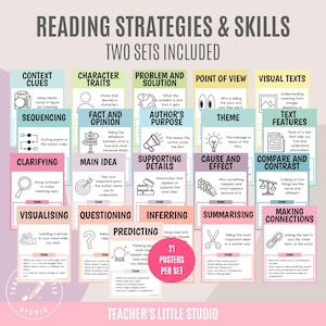 May include: Educational posters on reading strategies and skills. The set includes 21 posters per set, with topics like context clues, character traits, problem and solution, and visual texts. The posters are colorful and designed for educational use.