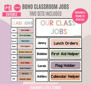 Boho Classroom Jobs Display | Editable PowerPoint and Canva | Ready-to-Print | Name Card Templates | Class Management | Class Jobs Display