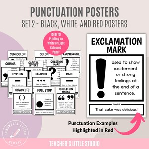 Puede incluir: Carteles de puntuaci&oacute;n en blanco y negro con texto rojo. Los carteles presentan diferentes signos de puntuaci&oacute;n, incluyendo una coma, punto y coma, dos puntos, guion, ap&oacute;strofe, signo de interrogaci&oacute;n, guion, corchetes, puntos suspensivos, punto y coma y comillas. Cada cartel incluye una descripci&oacute;n del signo de puntuaci&oacute;n y un ejemplo de su uso.