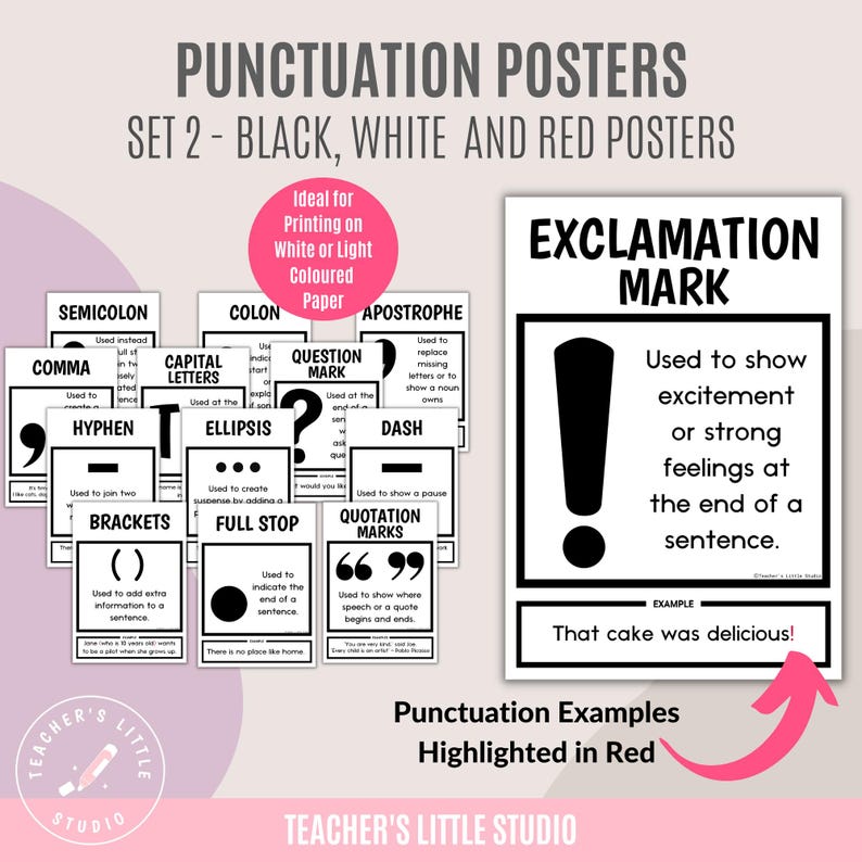 Puede incluir: Carteles de puntuaci&oacute;n en blanco y negro con texto rojo. Los carteles presentan diferentes signos de puntuaci&oacute;n, incluyendo una coma, punto y coma, dos puntos, guion, ap&oacute;strofe, signo de interrogaci&oacute;n, guion, corchetes, puntos suspensivos, punto y coma y comillas. Cada cartel incluye una descripci&oacute;n del signo de puntuaci&oacute;n y un ejemplo de su uso.