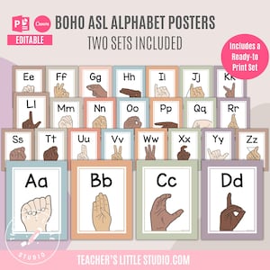 ASL Alphabet Posters | Printable Classroom Alphabet | Editable in Canva and PowerPoint| American Sign Language | Boho Classroom Decor