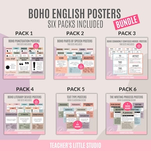 Boho English Posters Bundle | Punctuation | Parts of Speech | Commonly Confused Words | Literary Devices | Text Type | The Writing Process