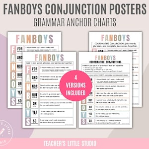 Puede incluir: Se muestran cuatro carteles de gramática titulados "FANBOYS CONJUNCTION POSTERS". Los carteles son blancos con texto y gráficos en colores pastel. Explican las conjunciones coordinadas con ejemplos. La frase "4 VERSIONS INCLUDED" está en un círculo rosa.