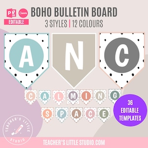 Bulletin Board Banner | Boho Bunting Classroom Banner | Boho Dotty Spearhead Bunting | Editable in PowerPoint and Canva | Printable Banners