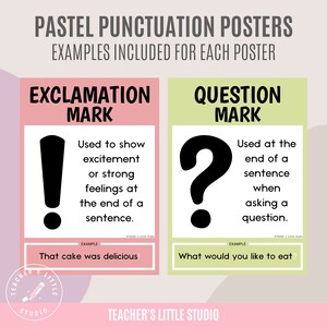 Puede incluir: Dos carteles imprimibles de color pastel con ejemplos de c&oacute;mo usar signos de exclamaci&oacute;n y signos de interrogaci&oacute;n en oraciones. Los carteles se titulan "Signo de exclamaci&oacute;n" y "Signo de interrogaci&oacute;n".