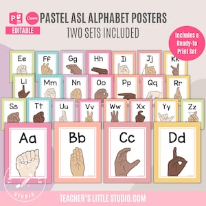 ASL Alphabet Posters | Printable Classroom Alphabet | Editable in Canva and PowerPoint | American Sign Language | Pastel Classroom Decor