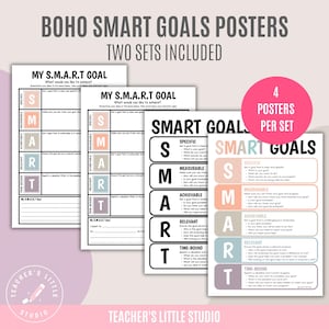 SMART Goals Posters | S.M.A.R.T Goal Setting | SMART Goal Worksheet | Boho Class Posters | Goal Tracker Resources | Mental Health Posters