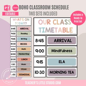 Boho Class Schedule | Editable PowerPoint and Canva |  Ready-to-Print Schedule | Clock Templates | Boho Class Timetable | Visual Schedule