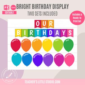 Exhibición de cumpleaños con globos brillantes / Tablón de anuncios de cumpleaños para el aula / Tablero de cumpleaños con globos imprimible / Editable en PowerPoint y Canva