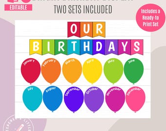 Bright Balloon Birthday Display | Classroom Birthday Bulletin Board | Printable Balloon Birthday Board | Editable in PowerPoint and Canva