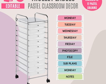 Boho Rainbow Teacher Trolley Labels | 10 Drawer Rolling Cart Labels | Editable in PowerPoint and Canva | Pastel Class Decor | Organizer