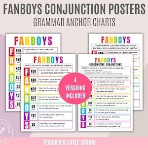 Puede incluir: Cuatro carteles de gramática titulados "FANBOYS CONJUNCTION POSTERS" y "GRAMMAR ANCHOR CHARTS". Los carteles son blancos con texto y gráficos coloridos. La palabra "FANBOYS" está en letras grandes y coloridas. Los carteles están diseñados con fines educativos.