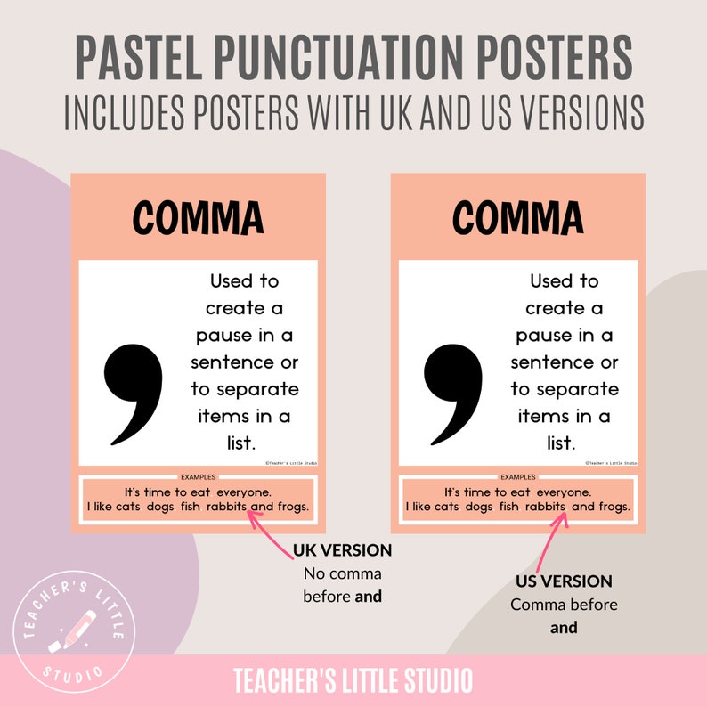 Puede incluir: Dos carteles de color rosa pastel con la palabra "COMMA" en texto negro. Cada cartel muestra una coma de puntuaci&oacute;n y explica su uso en una oraci&oacute;n o lista. Los carteles tambi&eacute;n muestran ejemplos de c&oacute;mo usar una coma en una oraci&oacute;n. El cartel de la izquierda est&aacute; etiquetado como "VERSI&Oacute;N DEL REINO UNIDO" y el cartel de la derecha est&aacute; etiquetado como "VERSI&Oacute;N DE EE. UU.".