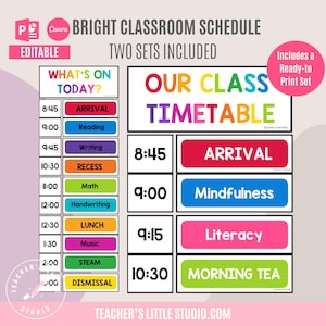 Horario de clases brillante / Editable en PowerPoint y Canva / Listo para imprimir / Plantillas de reloj / Horario de clases brillante / Horario visual