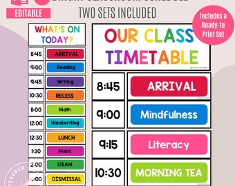 Bright Class Schedule | Editable in PowerPoint and Canva | Ready-to-Print | Clock Templates | Bright Class Timetable | Visual Schedule