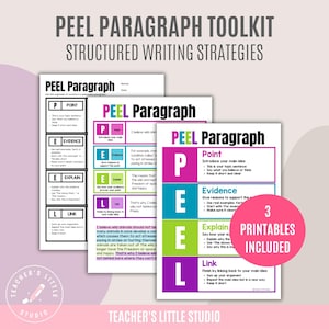May include: A set of three printable worksheets for structured writing strategies. The worksheets are titled "PEEL Paragraph" and include sections for Point, Evidence, Explain, and Link. The image also includes the text "3 Printables Included".